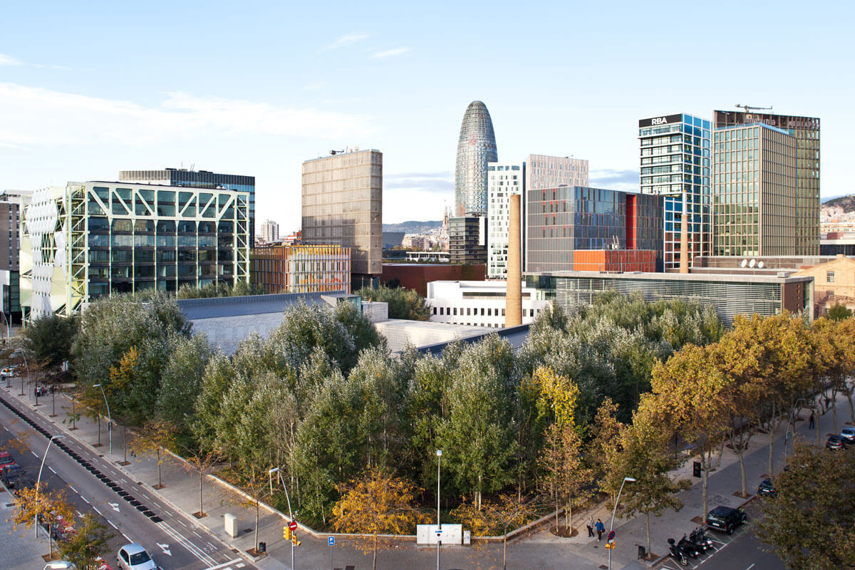 Aerial view of Can Framis garden, against skyline of Barcelona's innovation district, featured on architecture tour Smart City