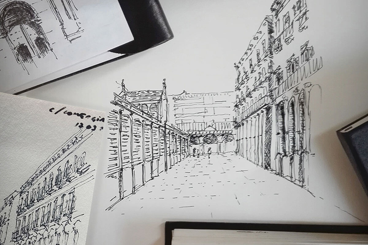 Barcelona's cityscape captured in various ink drawings and sketchbooks