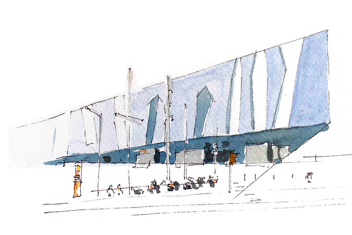 Watercolour sketch of Barcelona's blue triangular Forum building, created at urban sketching workshop
