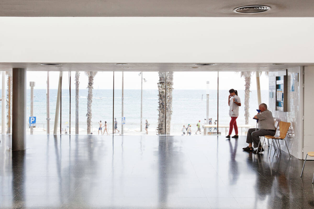 View of the Mediterranean Sea from a patients' waiting area in Barcelona's Hospital del Mar