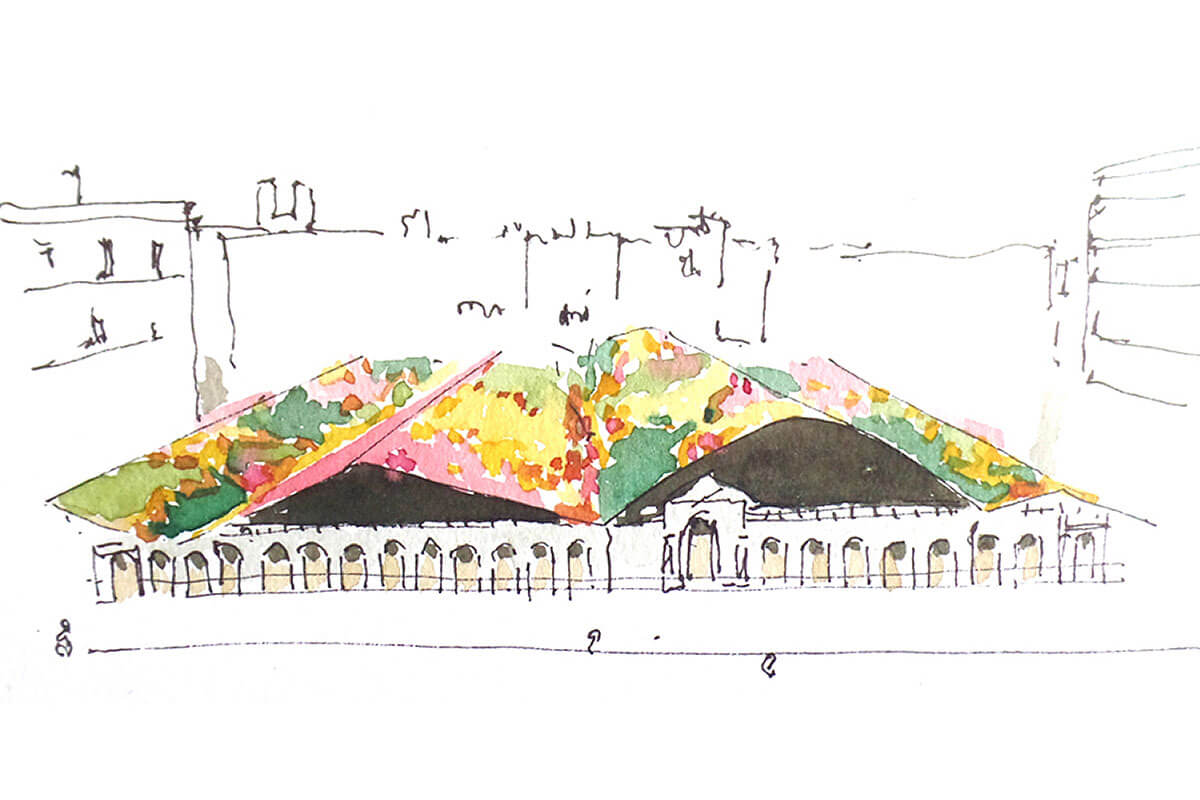 Aquarelle sketch of Barcelona's colourful Santa Caterina market
